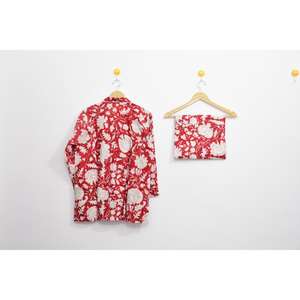 Ensemble de pyjama en satin de coton respirant pour femmes, imprimé rouge antique, manches longues, taille élastique, confortable, vêtements de nuit d'automne - Product Image 3