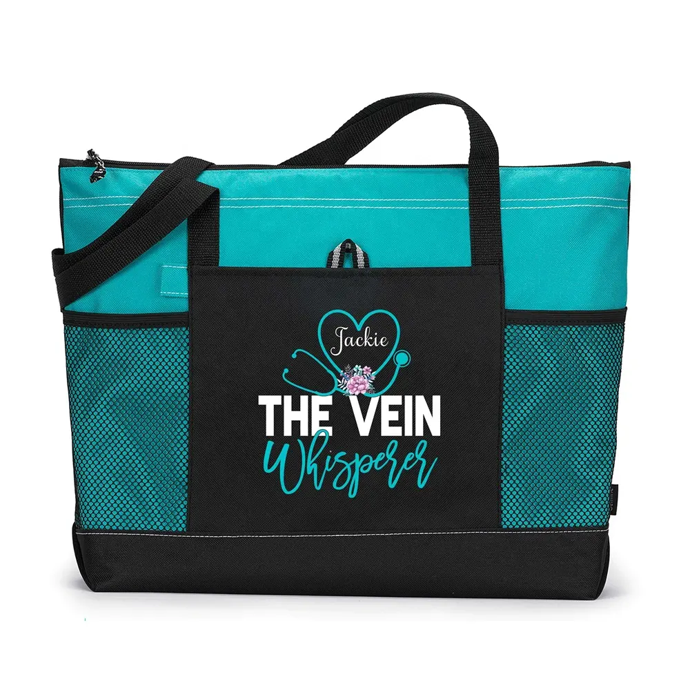 Custom Turquoise And Black 600d Polyester Personalized Stethescope Nurse Gift Nursing Tote Bag