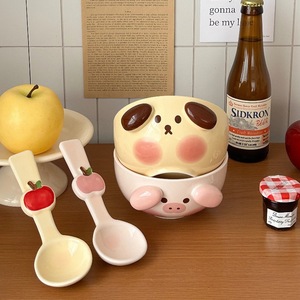 Set di stoviglie per bambini maialini simpatico cartone animato con crema cucciolo di riso in ceramica e <span class=keywords><strong>ciotola</strong></span> di Noodle con cucchiaio per insalata di Dessert - Product Image 1