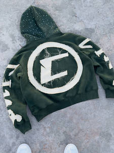 Felpa da Uomo Effetto Invecchiato con Cappuccio Patch Ricamato Personalizzato Strass Cerniera Lavaggio Acido Vintage French Terry Streetwear per l'Inverno - Product Image 4