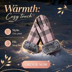 Gants d'hiver chauds en gros pour femmes, élégants, en tweed à carreaux, avec revers en fausse fourrure, compatibles écran tactile, pour la conduite, personnalisables pour votre marque - Product Image 3