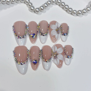 Faux ongles à presser <span class=keywords><strong>avec</strong></span> <span class=keywords><strong>strass</strong></span>, faits à la main, fleurs 3D blanches, ongles de luxe en cristal, couverture complète, capsules à presser - Product Image 1