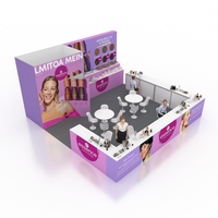 Stand d'exposition interactif modulaire 20x20 pour salons professionnels, avec tables de réunion pour échantillonnage de produits et consultances