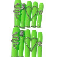 Tacana 10 pièces Faux ongles à presser faits main, longs, motif cœur, serpent argenté, strass vert, 3D, couverture complète, style français