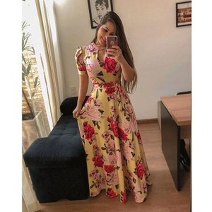 Vestidos estampados informales de talla grande para mujer, vestido <span class=keywords><strong>Maxi</strong></span> bohemio de manga corta ahuecado, con cinturón, a la moda, a la moda, con cinturón, a la moda
