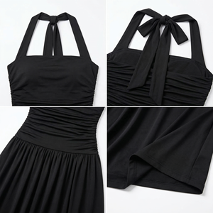 Vestido Maxi Negro Personalizado SHENGFU para Mujer, sin Mangas, con Cuello Halter, Cuerpo Fruncido y Plisado, Cintura Natural, Estilo Fluido, para Verano, Noche o <span class=keywords><strong>Resort</strong></span>, OEM/ODM - Product Image 3