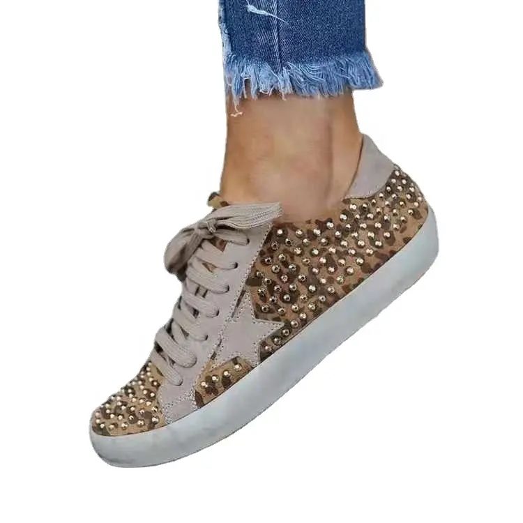 High Quality Star Flat Sneakers Canvas Ladies Rivet Flat Shoes Leopard Print Lace Up Low Bottom Walking Sneakers