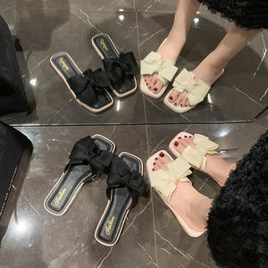 Gran oferta 2024, zapatillas de mujer con decoración de lazo de una sola correa de cabeza cuadrada, Sandalias planas para interiores y exteriores para mujeres y damas - Product Image 2