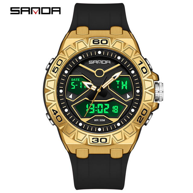 SANDA 3198 Creative Dial Men Watch Dual Movement Waterproof Relogio Homens Multifunctional Night Light Stopwatch Montres Hommes