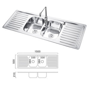 Évier de cuisine en acier inoxydable SUS201 TC 1500x500mm avec égouttoir, deux trous, installation au-dessus du comptoir, usage commercial - Product Image 5