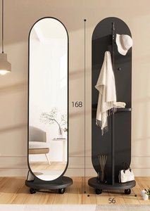 Rotating Wood Hat Storage Rack with <strong>Large</strong> Size <strong>Mirror</strong> <strong>Freestanding</strong> Full Length Body <strong>Mirror</strong> Movable Dressing <strong>Mirror</strong> with Wheels - Product Image 2
