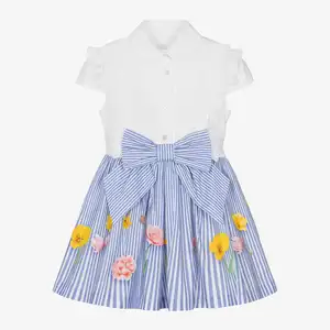 2024 OEM/ODM dress for girls woven in soft cotton Feminine capped sleeves and pretty ruffle trims