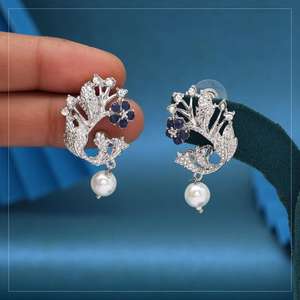 Boucles d'oreilles pendantes AD cloutées en pierre bleue Monalisa en laiton à la mode pour les dîners de mariage perle de Zircon ramifiée à la mode - Product Image 1