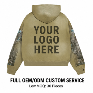 Sudadera con capucha oversize para hombre con cremallera, pedrería y diseño de vitral, estilo streetwear, efecto desgastado, de felpa francesa - Product Image 3