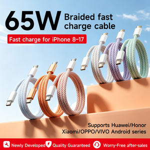 Cavo <span class=keywords><strong>USB</strong></span> <span class=keywords><strong>C</strong></span> a <span class=keywords><strong>USB</strong></span> <span class=keywords><strong>C</strong></span> in Nylon Intrecciato con Logo Personalizzato, Ricarica Rapida PD3.0 65W, Vendita all'Ingrosso per Telefoni Cellulari - Product Image 1