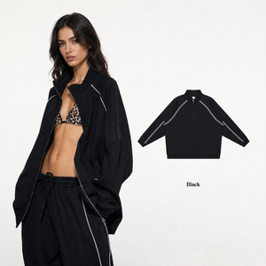 8046 Custom Oversized Tracksuit Unisex Contrast Piping Track <b>Jacket</b> Wide Leg Track Pants Heavy Cotton Streetwear Two Piece Set - Product Image 2