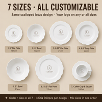 Assiette de table en porcelaine New Bone China blanche, motif lotus festonné, logo personnalisé OEM, 7 tailles, MOQ 300 pièces, impression sérigraphique pour marque hôtelière