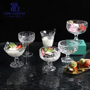 Ice Cream Glass Cup With Stem Crystal White Dessert Milkshake Glass Bowl With Engraved Patten China Manufacture Glassware