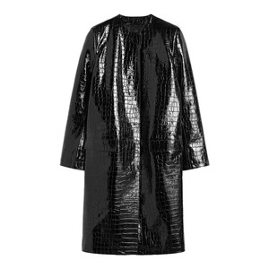 Cappotto <span class=keywords><strong>Trench</strong></span> Monopetto <span class=keywords><strong>Nero</strong></span> Personalizzato Jancoco da Donna, Lunghezza Media, in Pelle Goffrata Effetto Coccodrillo per Autunno Inverno Sera - Product Image 4