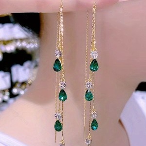 Pendientes colgantes hipoalergénicos de alambre largo con borlas, cadena, circonita y cristal para mujer - Product Image 3