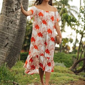 Vestido Midi de Rayón de Lujo con Estampado Bohemio de Playa, Hecho a Medida por el Fabricante, con Hombros Descubiertos - Product Image 3