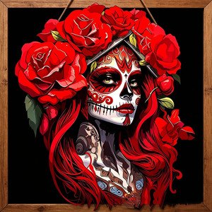 Letrero Colgante de Pared de Mujer de Azúcar con Rosa Roja para el Día de Muertos, Decoración de Puerta de Halloween, Adorno Festivo, Regalo - Product Image 2