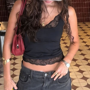 Tank <b>Top</b> Women Lace <b>Patchwork</b> Knit Stretchy Breathable V-neck Basic Solid Color Casual 2026 Summer New - Product Image 6