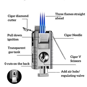 Encendedor de cigarros de antorcha de Metal multifuncional, triple llama de chorro a prueba de viento, cortador de cigarros de corte en V incorporado, soporte para cigarros de diseño clásico - Product Image 3