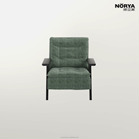 Fauteuil NORYA écologique et contemporain en tissu vert, avec larges accoudoirs en bois, dossier haut et assise rembourrée, idéal pour salon, chambre et lecture
