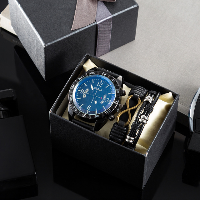 Hot Sale Business Sports Casual Luxury Calendar 3 Piece Set Gift Box Bracelet Fashion Wrist Quartz Watch for Men