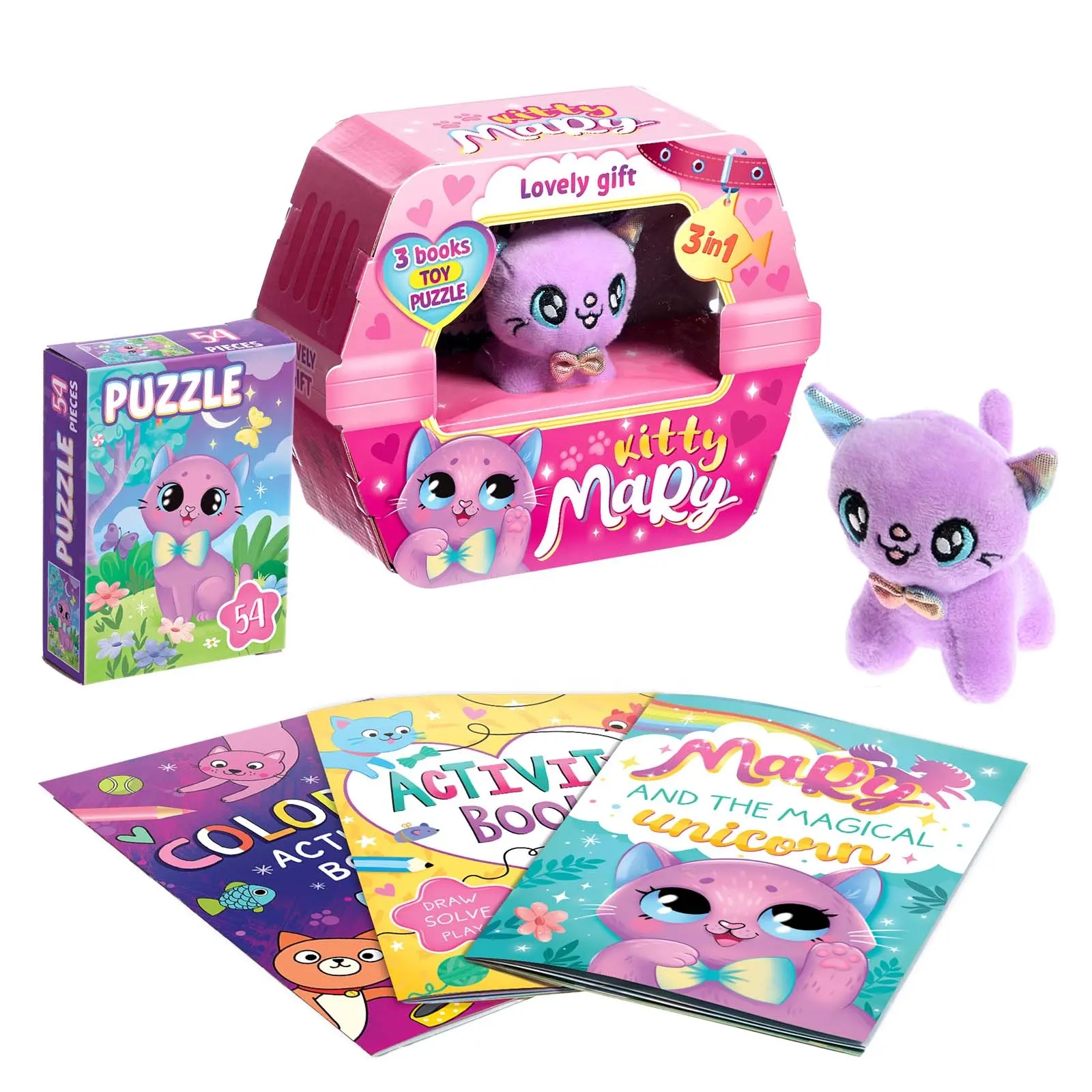 Geschenkset für Kinder Kitty Mary, 3 in 1Puzzle Spielzeug und Buch, Weihnachts spielzeug, süßes Kitty Spielzeug, süße Geschenk box für Kinder