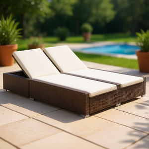 Tumbona Doble de Ratán Sintético Marrón para Exteriores, Silla Reclinable Acolchada para Patio, Diseño Moderno, Estilo Contemporáneo - Product Image 2