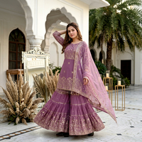 Setelan Sharara Georgette Bordir Ungu dengan Dupatta Jaring, Pakaian Tradisional India Pakistan untuk Pernikahan, Wanita, Midi, Regular Fit, Anti Kusut