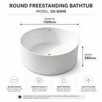 Baignoire autoportante à surface ronde, bain cylindrique compact en pierre blanche pour petites salles de bain et centres de spa, design moderne et élégant