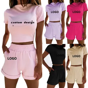 Girls Crop T Shirt Custom Screen Print Cotton 2 Piece Set Casual Short Pants And T Shirt Sets For Women