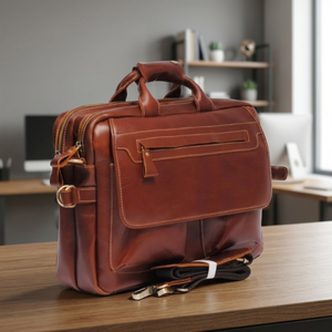 Sacoche d'ordinateur portable classique en cuir véritable, sac à bandoulière, imperméable, simple, durable, pour le bureau, les voyages d'affaires, avec poignée de transport et fermeture - Product Image 1