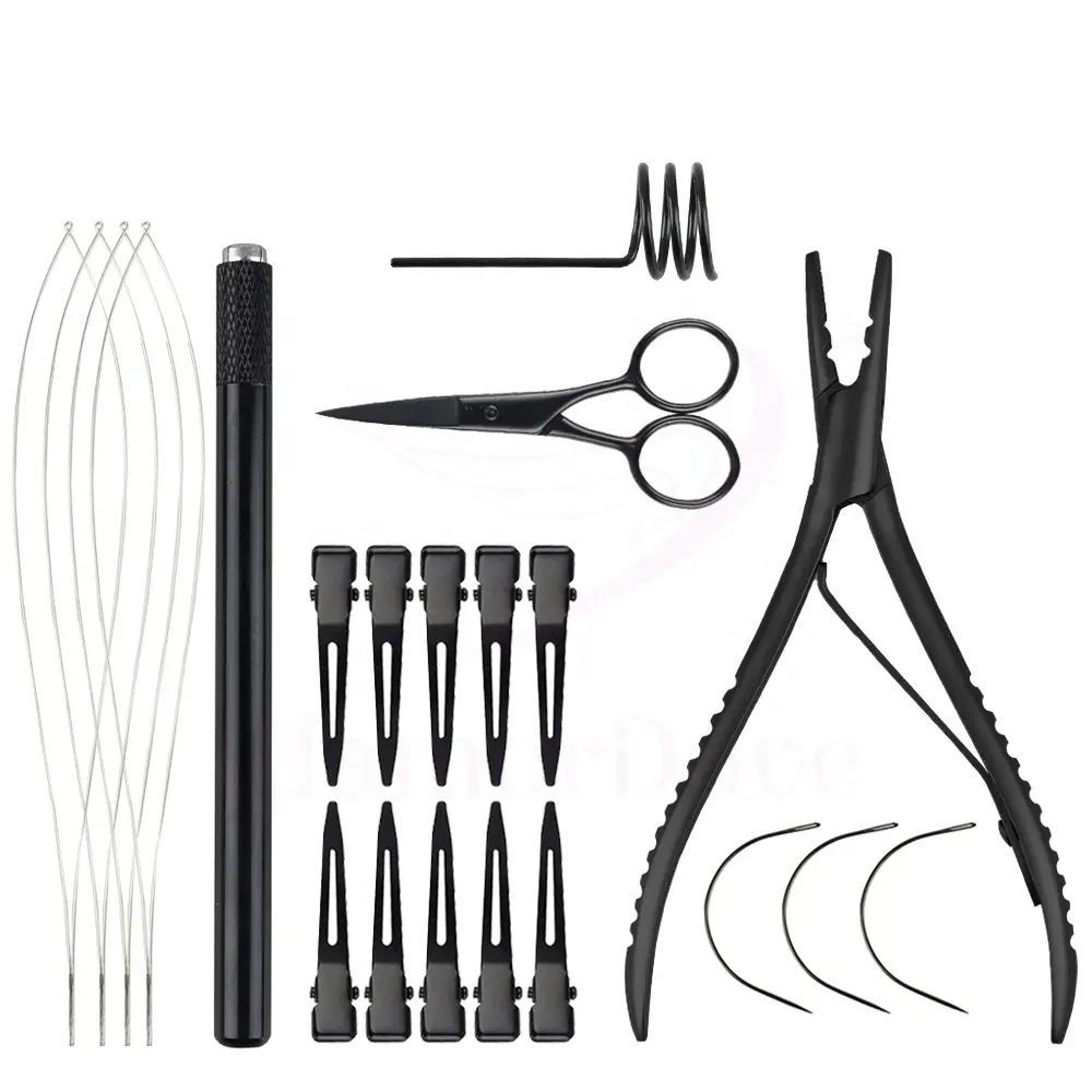 Haarverlenging Gereedschap Tang Kit Met 2 Gaten Roestvrij Staal Tang Tang Hair Loop Haak Threader Clips Weven Naalden Snijring