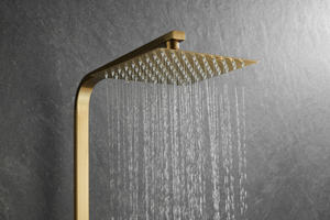 Ensemble de <span class=keywords><strong>douche</strong></span> thermostatique carré <span class=keywords><strong>en</strong></span> or brossé, mitigeur mural apparent avec pommeau de pluie, bec de <span class=keywords><strong>baignoire</strong></span> et douchette à main - Product Image 4