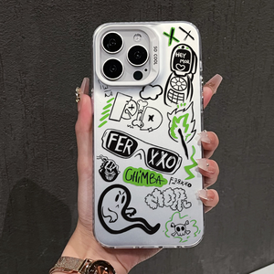 Coque de téléphone Graffiti Art pour iPhone 16 15 14 13 12 Pro Max, avec feuille d'argent et motif <span class=keywords><strong>vert</strong></span> fluorescent, antichoc - Product Image 1