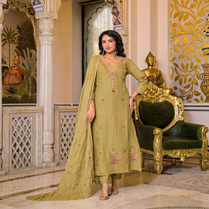 Traditional <b>Indian</b> Women's Olive Green Cotton Embroidered Knee-Length Quick Dry <b>Kurta</b> Set Pant Dupatta Regular Fit All Seasons - Product Image 1