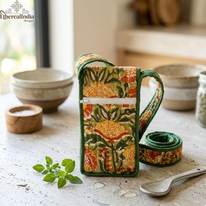 Quilted Cotton Mobile Sling Bag Floral Block Print Phone Pouch Handmade <b>Mini</b> Crossbody Bag - Product Image 3