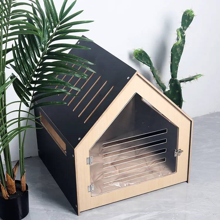Vente en gros personnalisée petite niche pour chien chat d'intérieur en bois caisse niche pour chien de luxe en bois massif en acrylique avec cage