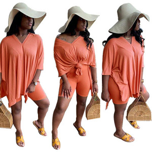 Set Pakaian Olahraga Musim Panas Wanita, Setelan Atasan Longgar + Celana Pendek <span class=keywords><strong>2</strong></span> Potong <span class=keywords><strong>2</strong></span> Potong Pakaian Pesta Klub Malam - Product Image 1