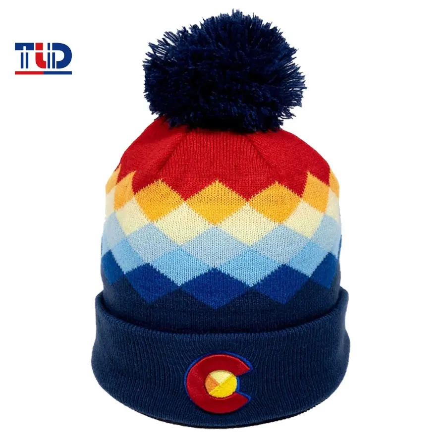 Высококачественная зимняя теплая жаккардовая шапочка унисекс вязаная шапочка с помпоном шапочка с логотипом на заказ