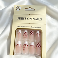 Faux ongles à presser en gros, personnalisés, marque privée, forme cercueil, motif écossais cerise nude, finition brillante, style français