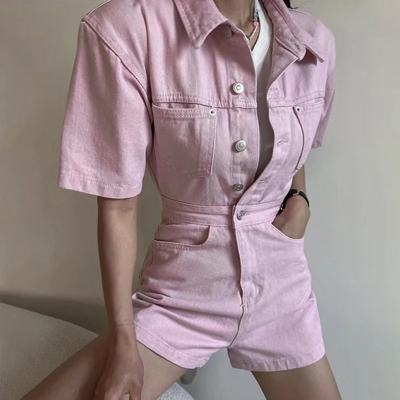 TWOTWINSTYLE Pink Denim Playsuits Women High Waist Solid Minimalist Jumpsuit Female Summer Clothing