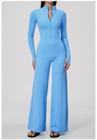 Combinaison athleisure pour femme à demi-zip, manches longues, col montant, jambes larges, passe-pouces, en nylon brossé et élasthanne, anti-humidité