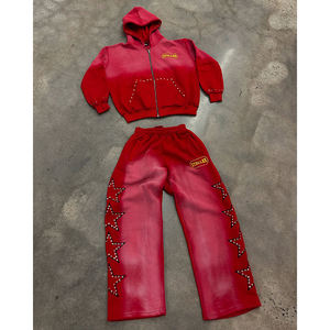 新潮流街时尚男士宽松散装拉链连帽衫带水钻设计太阳褪色男士图案连帽衫夹克腌制 - Product Image 1