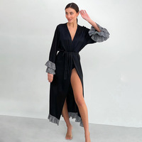 Chemise de nuit longue en satin noir à pois pour femme RUIYI, manches longues, volants – Sexy, longueur intégrale, pour printemps/été/automne, douce