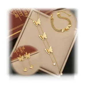 Carline-Damen-Edelstahl-Schmuck-Set 18K Gold plattiert Schmetterlings-Halsband und Ohrring-Set 2024 neuer Schmuck Großhandel